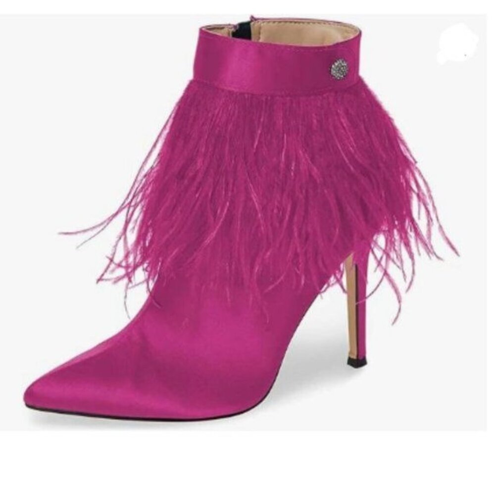 FSJ Fuchsia Fluffy Feather Tassel Ankle Boots Pointed Toe Stiletto High Heels
